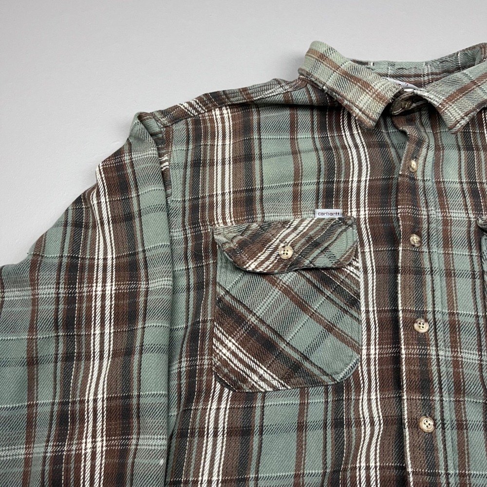 Vintage Carhartt Flannel Shirt Mens XL Green Brown Plaid Rugged Outdoor Wear 90s